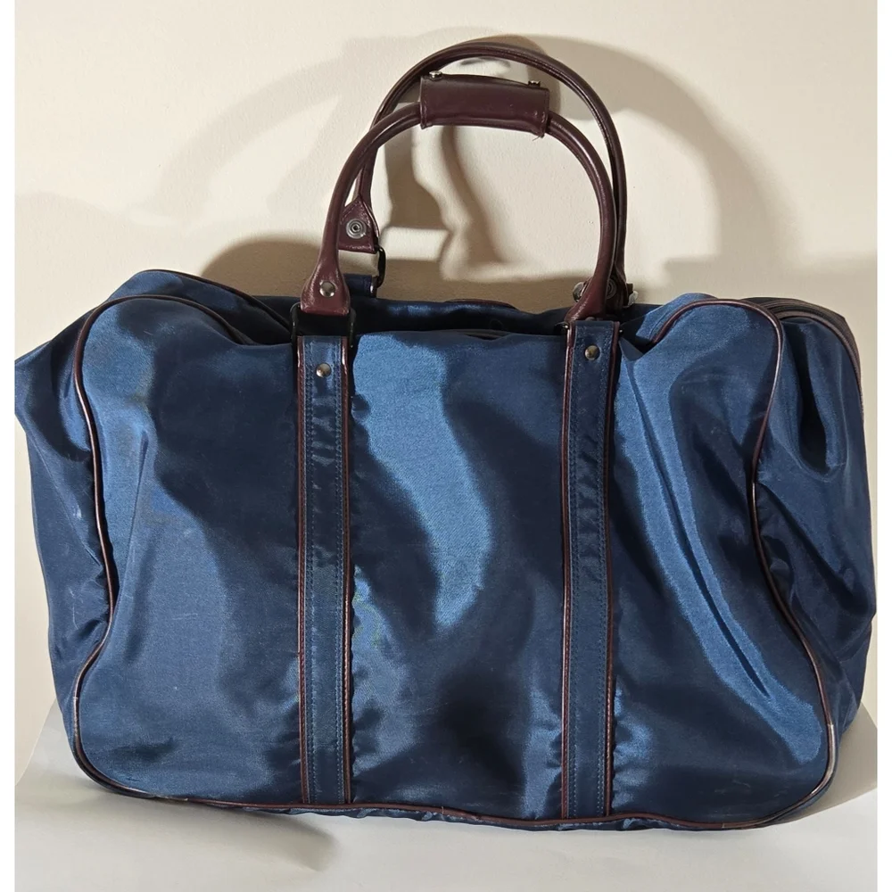 Yves Saint Laurent YSL Navy Nylon Large Travel Duffle Carry On Bag Brown Leather